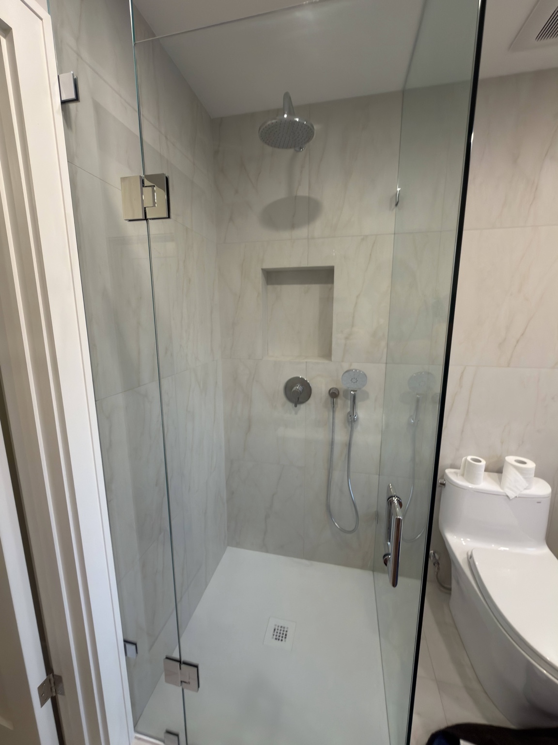 Custom glass shower with rain shower head and recessed niche